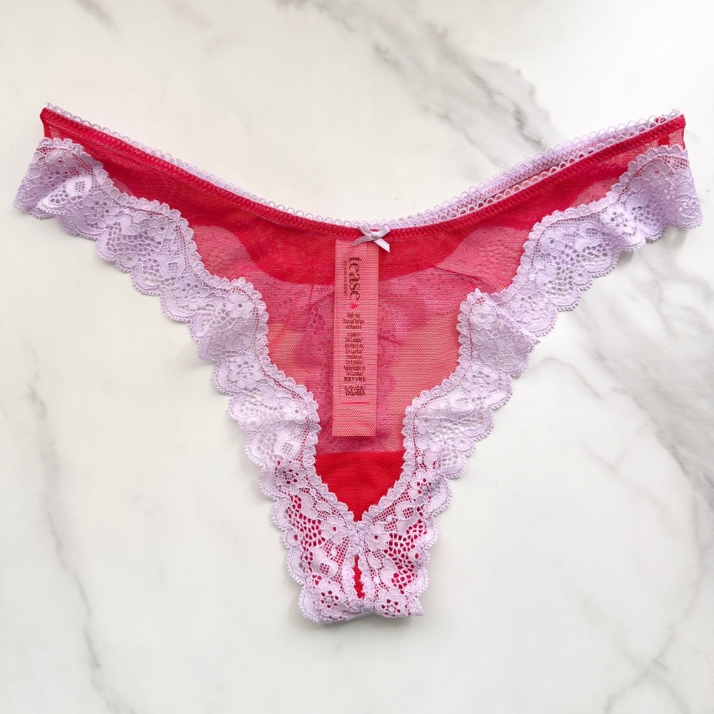 NWT VICTORIA’S SECRET LACE-TRIM HIGH-LEG THONG PANTY IN BRIGHT VERMILLION & SILK